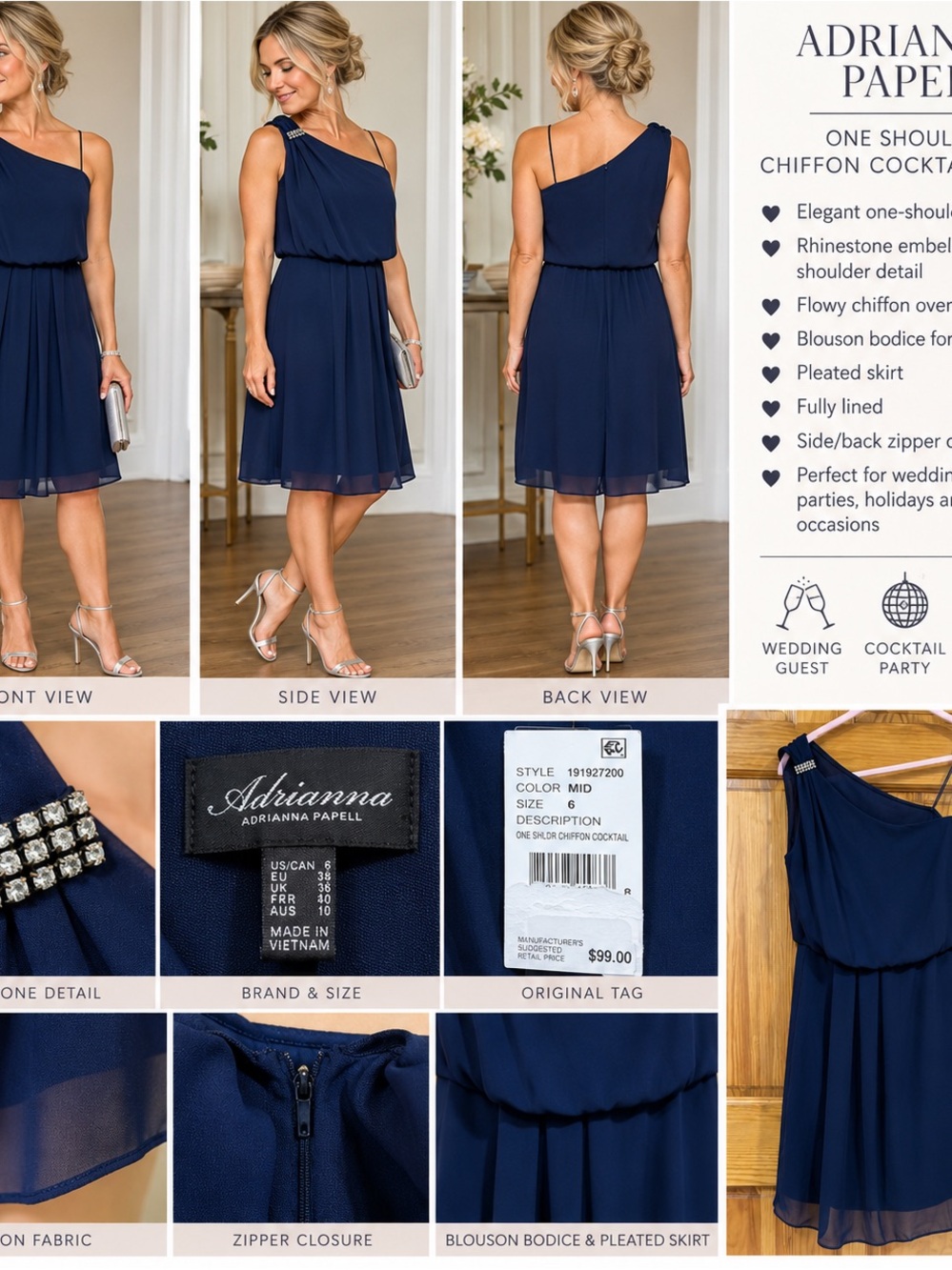 Adrianna Papell Navy One-Shoulder Chiffon Dress with Rhinestone Detail